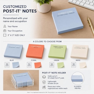 May include: Customised Post-it Notes in blue, coral, green, and beige. Each pad is 7.6 cm x 7.6 cm and holds 50 sheets. The notes are personalised with a name and occupation. An acrylic holder is also shown.