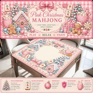 K&ouml;nnte beinhalten: Eine rechteckige Mahjong-Matte mit rosa Weihnachtsmotiv, Lebkuchenh&auml;usern, Teddyb&auml;ren, Tassen und Schleifen. Der Text lautet Pink Christmas MAHJONG, GOOD TIMES, GOOD TILES, GREAT COMPANY sowie PLAY RELAX ENJOY. Die Matte hat eine cremefarbene Mitte.