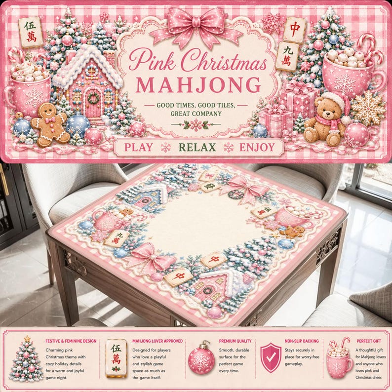 K&ouml;nnte beinhalten: Eine rechteckige Mahjong-Matte mit rosa Weihnachtsmotiv, Lebkuchenh&auml;usern, Teddyb&auml;ren, Tassen und Schleifen. Der Text lautet Pink Christmas MAHJONG, GOOD TIMES, GOOD TILES, GREAT COMPANY sowie PLAY RELAX ENJOY. Die Matte hat eine cremefarbene Mitte.