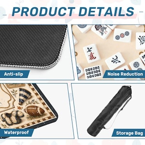 May include: A product detail collage featuring a black anti-slip mat texture, white mahjong tiles for noise reduction, a waterproof mat surface with a football-themed graphic print, and a black cylindrical storage bag with an adjustable shoulder strap.