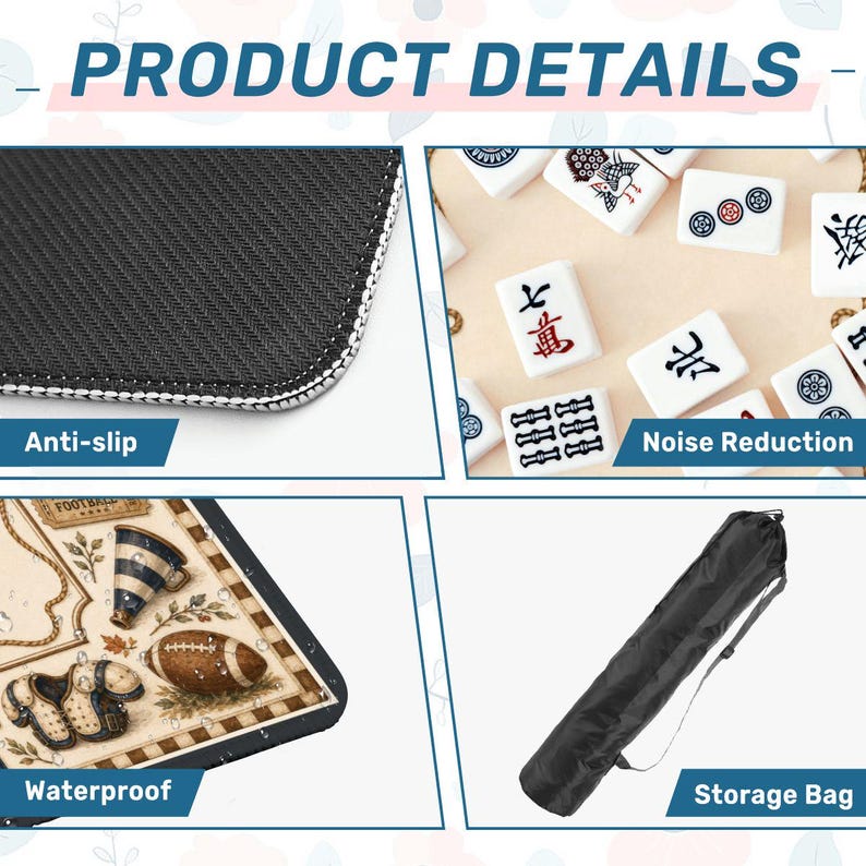 May include: A product detail collage featuring a black anti-slip mat texture, white mahjong tiles for noise reduction, a waterproof mat surface with a football-themed graphic print, and a black cylindrical storage bag with an adjustable shoulder strap.