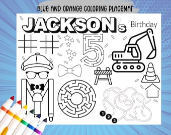 Blue and Orange Coloring Page Activity For Kids Custom Kids coloring Sheet Construction Themed Decor Party Activity PlaceMat Party Coloring