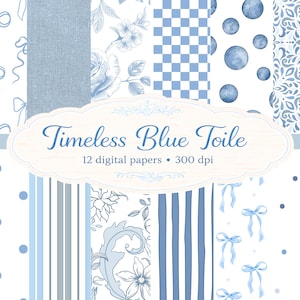 Blue Toile Digital Paper, Coquette Bow Patterns, Baby Shower Digital Scrapbooking, Printable Paper background