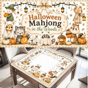 May include: A square table featuring a printed surface with the text Halloween Mahjong in the Woods. The design includes illustrations of cartoon animals in costumes, pumpkins, lanterns, and mushrooms arranged around a central white square.