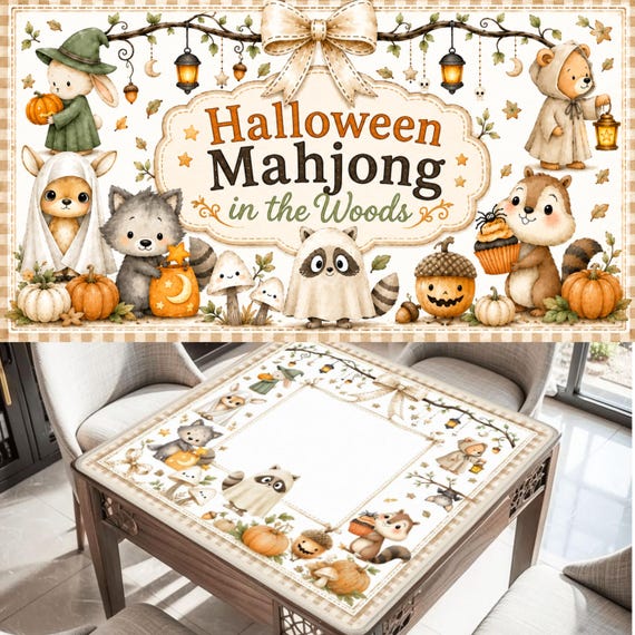 Woodland Halloween Mahjong Mat | Ghost Mahjong Mat | Pumpkin Patch Mahjong | Neutral Coquette Fall Decor | Cute Autumn Mahjong Gift