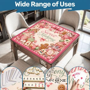 May include: A square mahjong table with a pink border and a decorative top featuring sweets and the words "Sweet Mahjong." The image shows various game pieces, including cards, tiles, and dominoes, highlighting the wide range of uses.