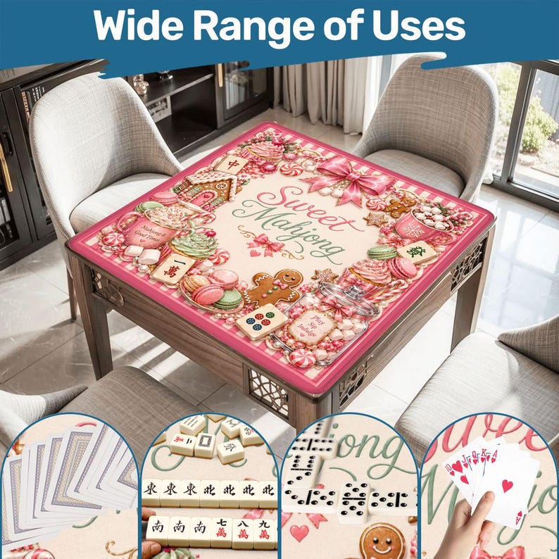 May include: A square mahjong table with a pink border and a decorative top featuring sweets and the words "Sweet Mahjong." The image shows various game pieces, including cards, tiles, and dominoes, highlighting the wide range of uses.