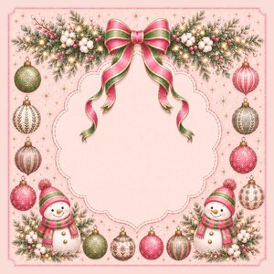 May include: A square decorative frame featuring a central scalloped blank space, adorned with a large pink and green striped bow at the top, pine branches, cotton bolls, two snowmen in winter hats, and various patterned Christmas ornaments.