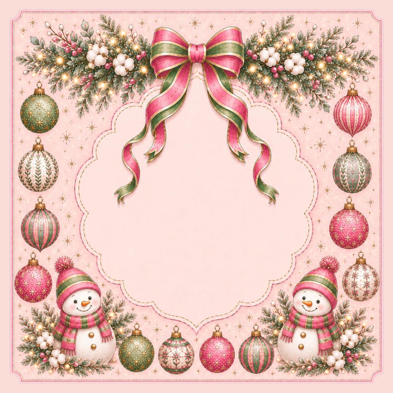 May include: A square decorative frame featuring a central scalloped blank space, adorned with a large pink and green striped bow at the top, pine branches, cotton bolls, two snowmen in winter hats, and various patterned Christmas ornaments.