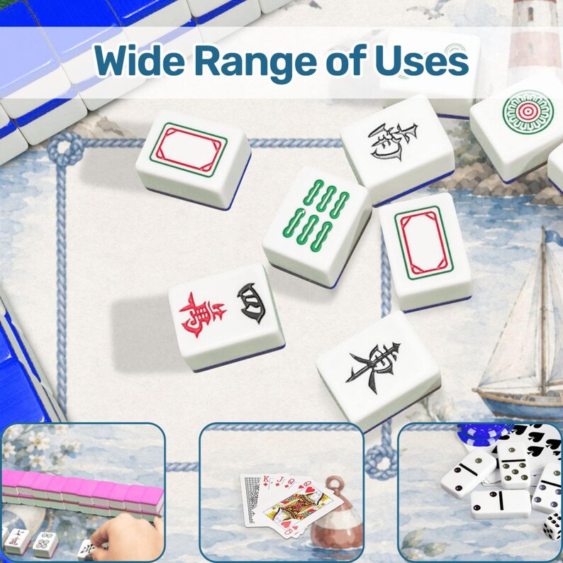 May include: A set of white Mahjong tiles with green, red, and black symbols, including a tile with a red frame, a green bamboo pattern, and Chinese characters. The image includes the text Wide Range of Uses and smaller inset photos of game tiles.