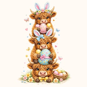 May include: A stack of three Highland cows, each adorned with bunny ears and holding decorated Easter eggs. The bottom cow has a yellow bow tie and a basket of eggs. Butterflies and flowers surround the cows.