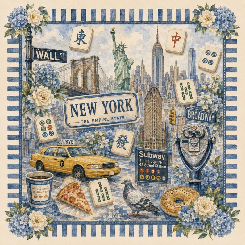 May include: Watercolor illustration of New York City landmarks, including the Statue of Liberty, Empire State Building, and Brooklyn Bridge. Features a yellow taxi, pizza, bagel, and mahjong tiles. The words "NEW YORK" and "BROADWAY" are visible.