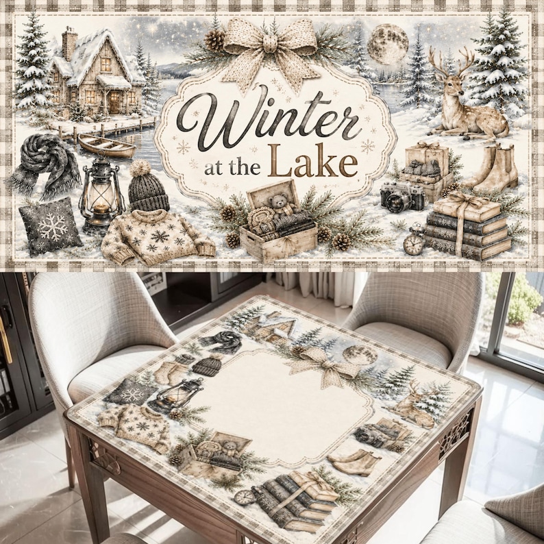 K&ouml;nnte beinhalten: Eine quadratische Tischdecke mit einer Winterszene, die eine H&uuml;tte, einen Hirsch, eine Laterne, einen Pullover, einen Schal, eine M&uuml;tze, B&uuml;cher und eine Kamera zeigt. Die Mitte hat einen dekorativen Rahmen mit Schleife und Text Winter at the Lake.