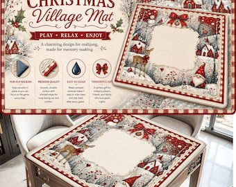 Christmas Village Mahjong Mat | Personalized Holiday Mahjong Mat | Red Winter Wonderland Mahjong Game Mat | Snowman Deer Gnome Mahjong Gift