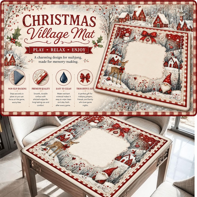 Christmas Village Mahjong Mat | Personalized Holiday Mahjong Mat | Red Winter Wonderland Mahjong Game Mat | Snowman Deer Gnome Mahjong Gift image 1