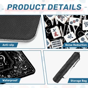 May include: Product details image. Features include anti-slip, noise reduction, and waterproof properties. The image also shows a storage bag. The product is designed for playing Mahjong.