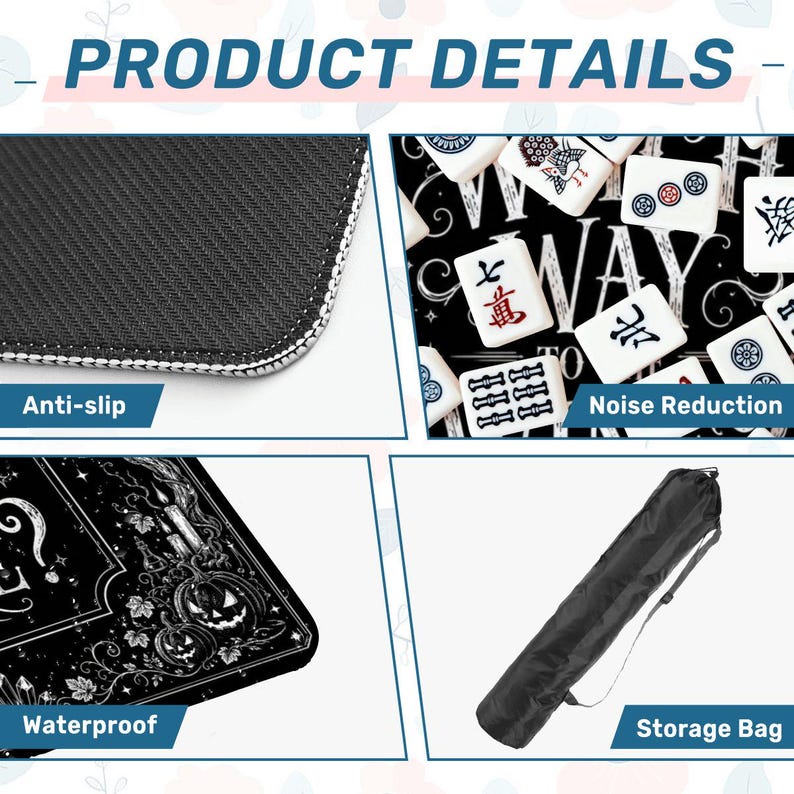 May include: Product details image. Features include anti-slip, noise reduction, and waterproof properties. The image also shows a storage bag. The product is designed for playing Mahjong.