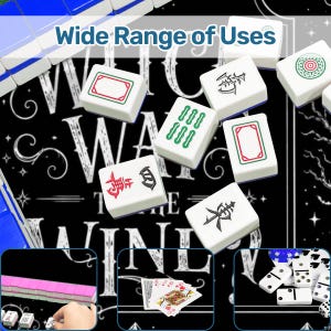 May include: White Mahjong tiles with red, green, and black symbols and designs are scattered on a black surface. The text "Wide Range of Uses" is at the top. Other game pieces, including dominoes and playing cards, are also shown.