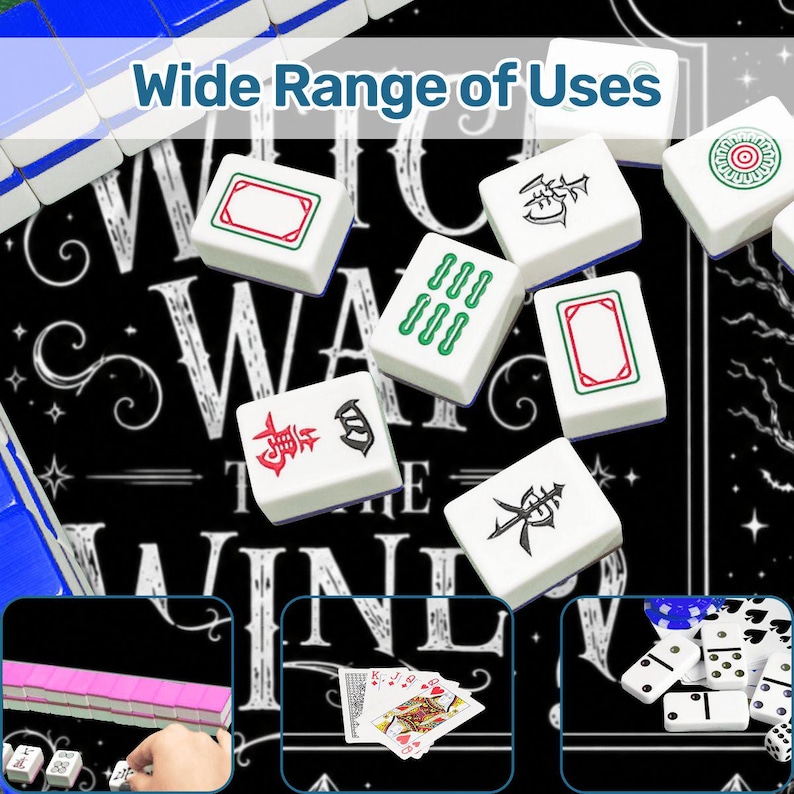May include: White Mahjong tiles with red, green, and black symbols and designs are scattered on a black surface. The text "Wide Range of Uses" is at the top. Other game pieces, including dominoes and playing cards, are also shown.