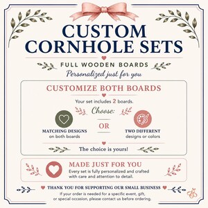 May include: A rectangular informational sign with a cream background and dark blue text reading CUSTOM CORNHOLE SETS. The graphic includes pink bows, leaf accents, and text explaining customization options for two wooden boards, including matching or different designs.