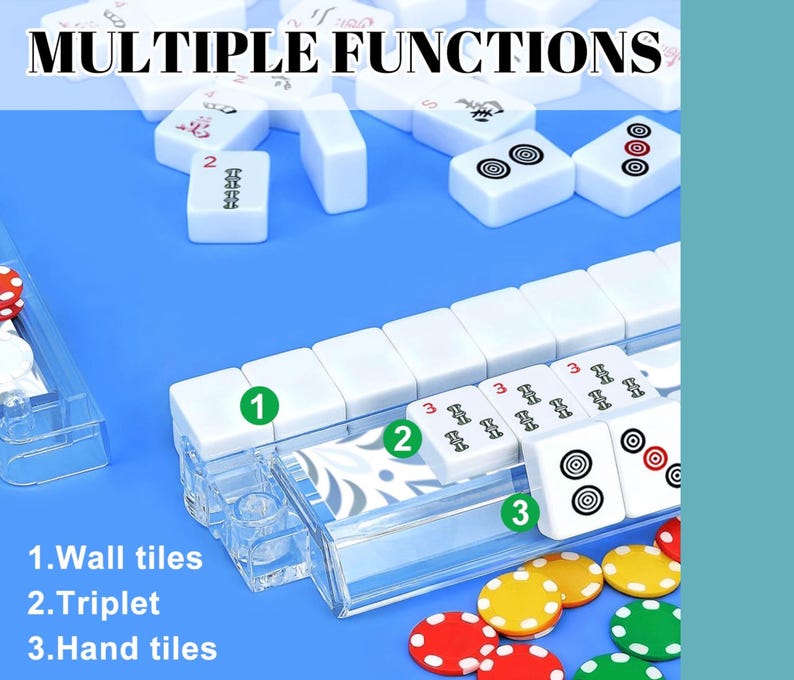 May include: A close-up of a Mahjong set with white tiles and colorful chips on a blue surface. The text "MULTIPLE FUNCTIONS" is at the top. The image highlights the wall tiles, triplets, and hand tiles.