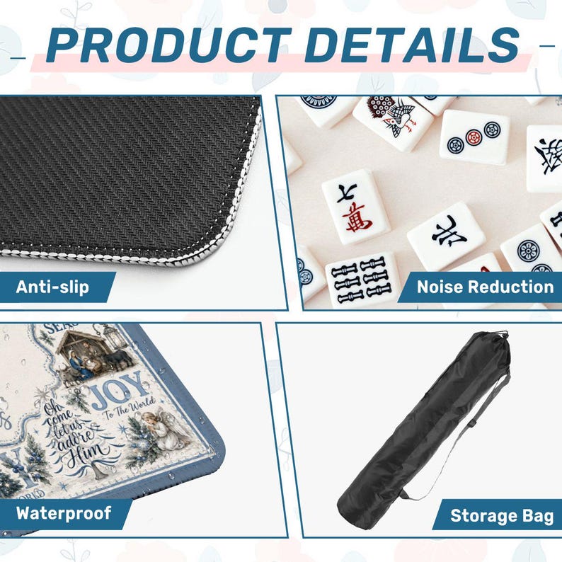 May include: Product details image showing an anti-slip surface, Mahjong tiles, a waterproof surface with text, and a storage bag. The text on the waterproof surface says "JOY To The World" and "Oh Come Let Us Adore Him".