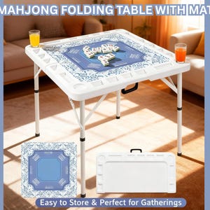 May include: White folding Mahjong table with a blue patterned mat. The table has built-in cup holders and a carrying handle. The text on the image says "MAHJONG FOLDING TABLE WITH MAT" and "Easy to Store & Perfect for Gatherings".
