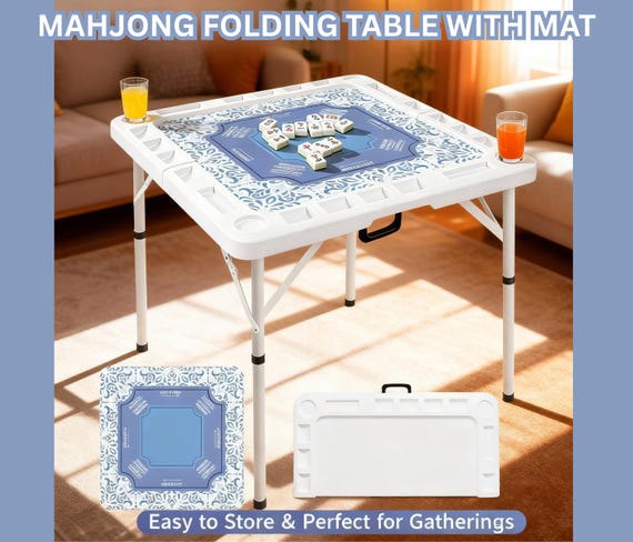 Mahjong Foldable Table with Mat, Portable Mahjong Table for Game Night