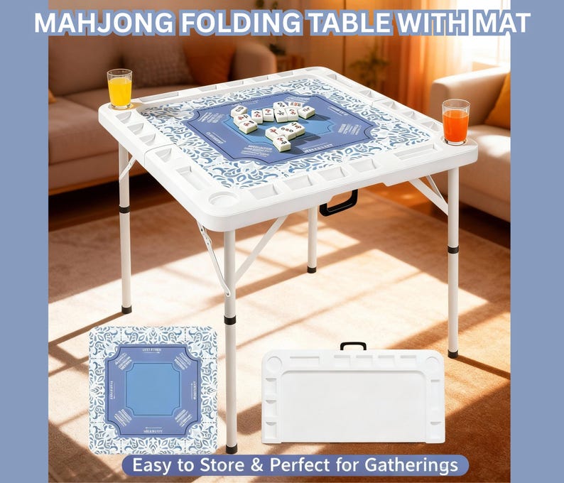 Puede incluir: Mesa de Mahjong plegable blanca con un tapete estampado azul. La mesa tiene portavasos incorporados y un asa de transporte. El texto de la imagen dice "MAHJONG FOLDING TABLE WITH MAT" y "Easy to Store & Perfect for Gatherings".