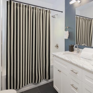 Bathroom Shower Curtain, Black and Beige Striped Designer Bathroom Decor, Spa-Style Bath Curtain,