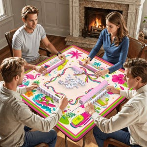 May include: A square mahjong table cover featuring a vibrant tropical print with pink flamingos, hibiscus flowers, palm trees, and a surfing turtle. The game board surface displays white mahjong tiles arranged in the centre and on racks.