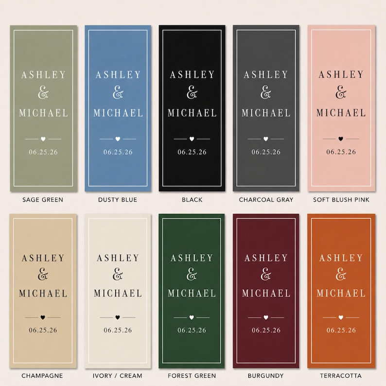 May include: Ten rectangular wedding favor tags in various solid colors including sage green, dusty blue, black, charcoal gray, soft blush pink, champagne, ivory, forest green, burgundy, and terracotta. Each tag features the text ASHLEY & MICHAEL, a small heart icon, and the date 06.25.26.
