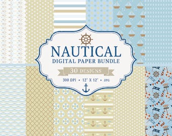 Nautical Digital Paper Bundle, Coastal Scrapbook Paper, Ocean Patterns, Beach Sublimation designs