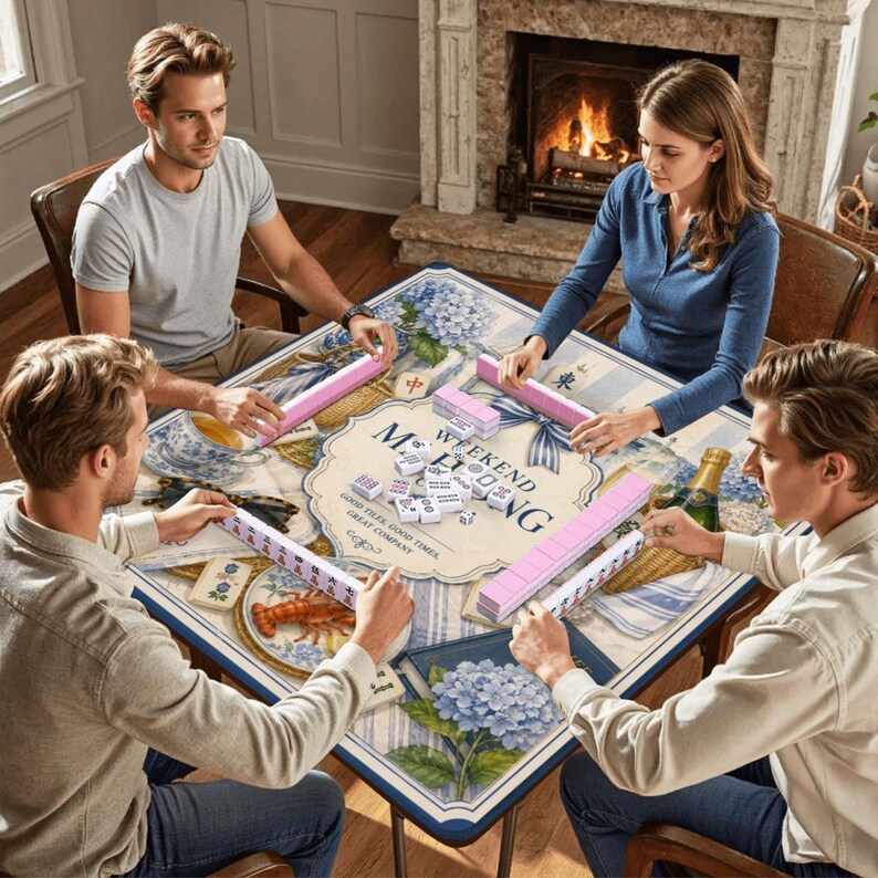 May include: A group of four people playing Mahjong on a square table. The table has a floral design with the words "Weekend Mahjong" in the center. The game pieces are pink and white. A fireplace is in the background.