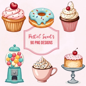 Pastel Sweets Clipart Bundle Watercolor Treats PNG Candyland Birthday Donut Ice Cream Cupcake Dessert Scrapbooking Crafts 90 Images