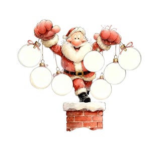 May include: Watercolor illustration of Santa Claus holding blank white ornaments. Santa is wearing a red suit with a white beard and hat, standing on a brick chimney. The ornaments have pink ribbons.