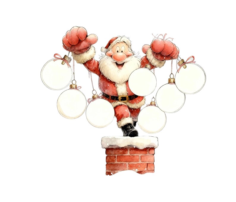 May include: Watercolor illustration of Santa Claus holding blank white ornaments. Santa is wearing a red suit with a white beard and hat, standing on a brick chimney. The ornaments have pink ribbons.