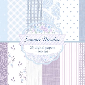 May include: A collection of 25 digital papers in soft pastel colors. The designs include floral patterns, gingham, paisley, hearts, and stripes. The image features the text "Summer Meadow" and "300 dpi".