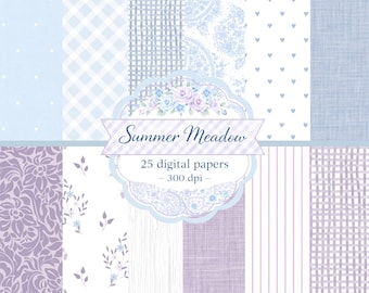 Carte digitali Summer Meadow, carta per scrapbooking blu lavanda, motivi floreali a quadretti e paisley, stampe in stile cottagecore