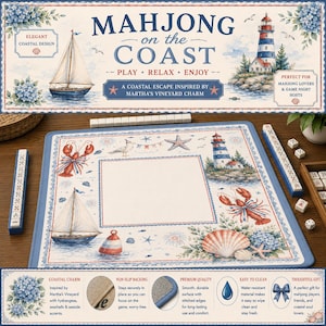 May include: A coastal-themed Mahjong game set with a blue and white nautical design. The set includes a playing mat with sailboats, a lighthouse, and lobster illustrations. The text on the mat reads "Mahjong on the Coast".