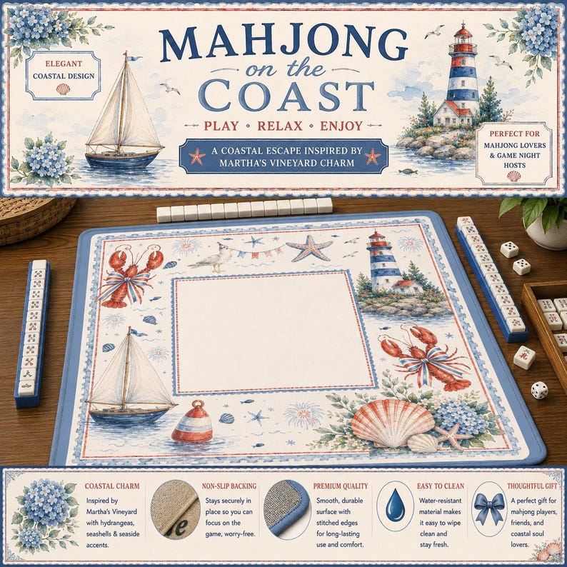 May include: A coastal-themed Mahjong game set with a blue and white nautical design. The set includes a playing mat with sailboats, a lighthouse, and lobster illustrations. The text on the mat reads "Mahjong on the Coast".