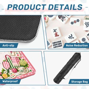 May include: A product detail collage featuring a black anti-slip mat texture, white mahjong tiles for noise reduction, a waterproof mat with a colorful picnic illustration, and a black cylindrical storage bag with an adjustable shoulder strap.