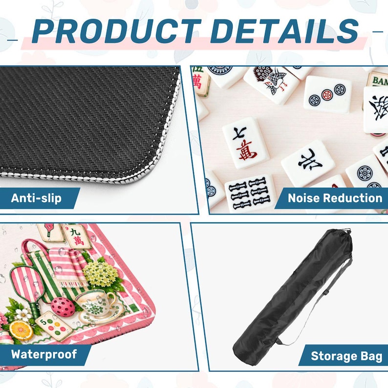 May include: A product detail collage featuring a black anti-slip mat texture, white mahjong tiles for noise reduction, a waterproof mat with a colorful picnic illustration, and a black cylindrical storage bag with an adjustable shoulder strap.