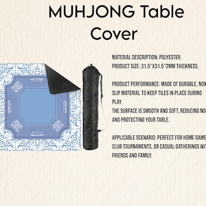 May include: A Mahjong table cover with a blue and white patterned design, measuring 31.5 x 31.5 inches. The cover is made of polyester and includes a black carrying case. The text on the cover reads "PLAY RIGHT" and "WALLS LEFT".