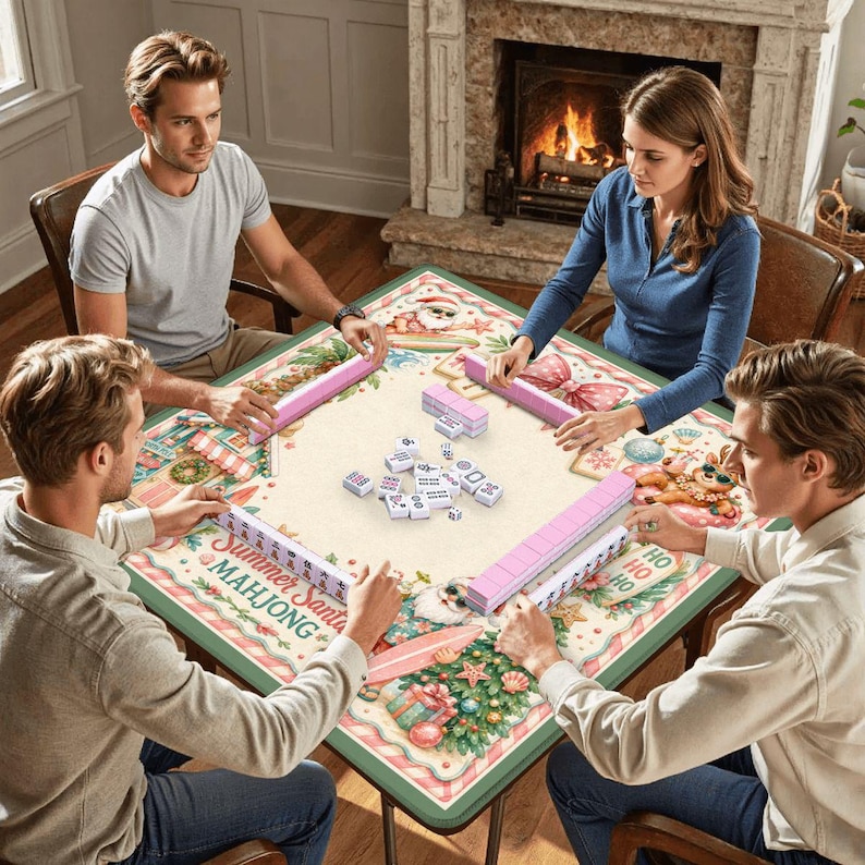 May include: Four people are playing Mahjong around a square table. The table has a festive design with pink tiles and racks. The text "Summer Santa Mahjong" is visible. A fireplace is in the background, adding to the cozy atmosphere.