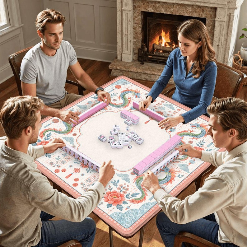 May include: A square mahjong table featuring a white surface with a colorful dragon and floral pattern, surrounded by pink tile racks and white mahjong tiles with black characters, set in a room with a fireplace and four wooden chairs.