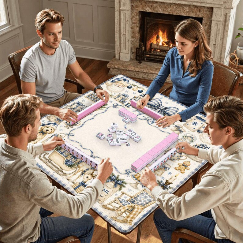 May include: A square game table covered with a cream-colored cloth featuring a festive winter pattern of teddy bears, sleds, and bows. Four people are seated around the table playing a tile game with pink racks and white rectangular tiles.