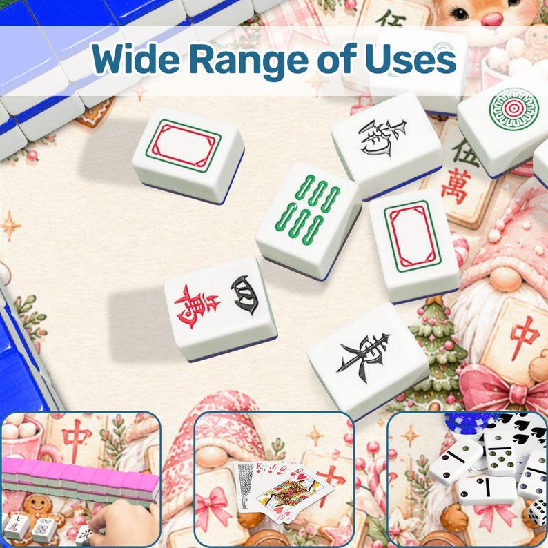 May include: A set of white mahjong tiles with blue, green, red, and black markings, including characters and symbols. The image features the text Wide Range of Uses and includes smaller inset panels showing playing cards and dominoes.