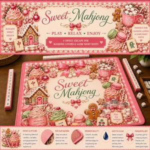 May include: A pink and cream-colored Sweet Mahjong game mat with cupcakes, gingerbread men, and the text "Sweet Mahjong." The mat features a non-slip backing and is easy to clean. Perfect for game night.