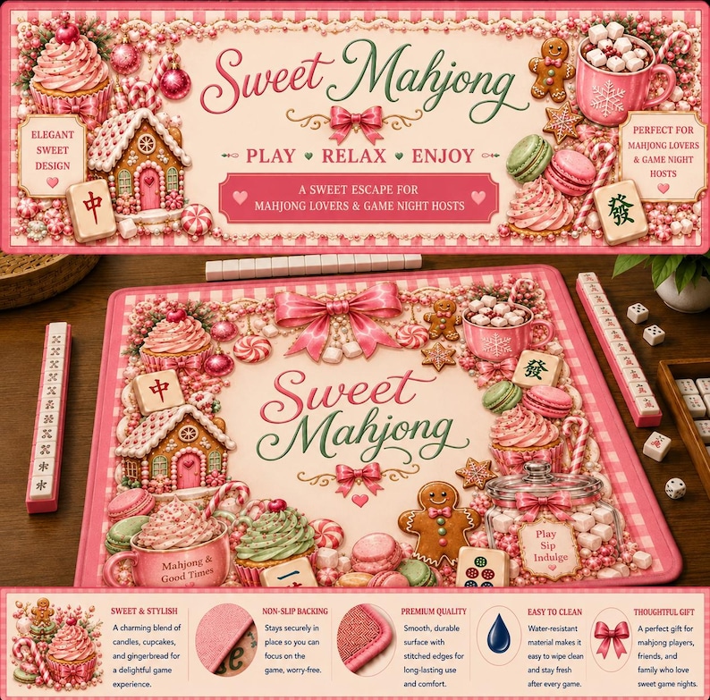 May include: A pink and cream-colored Sweet Mahjong game mat with cupcakes, gingerbread men, and the text "Sweet Mahjong." The mat features a non-slip backing and is easy to clean. Perfect for game night.